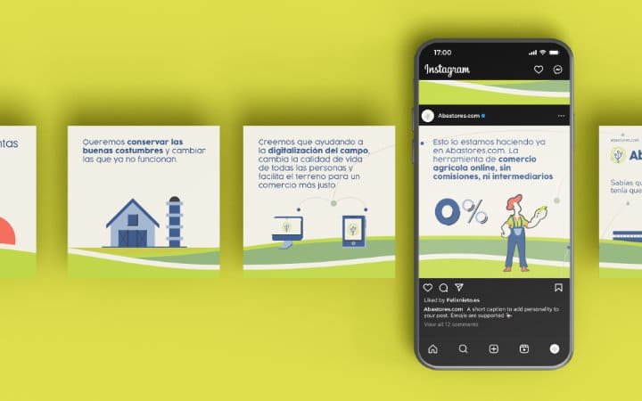 Carrousel para redes sociales en el que se muestra el proceso de digitalización de abastores a través de un comercio agrícola online, sin comisiones, ni intermediarios.