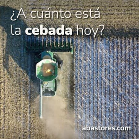 Anuncio de Abastores en el que se ve maquinaria de recolección de cereales en vista aérea y un mensaje en el que pone ¿a cuánto está la cebada hoy?