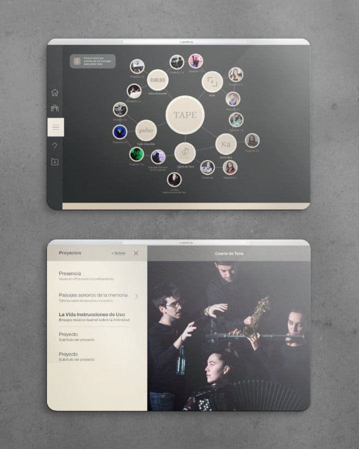 Página web mostrando una cuadrícula de proyectos creativos, una sección de 'TAPE' con descripciones.